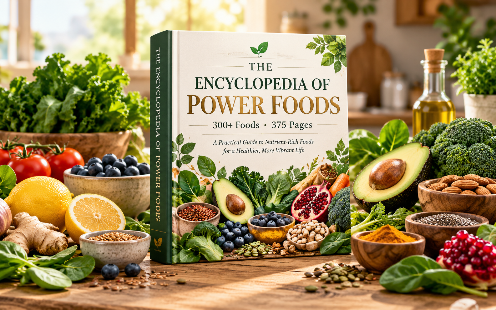 The Encyclopedia of Power Foods illustrated guide surrounded by colorful whole foods